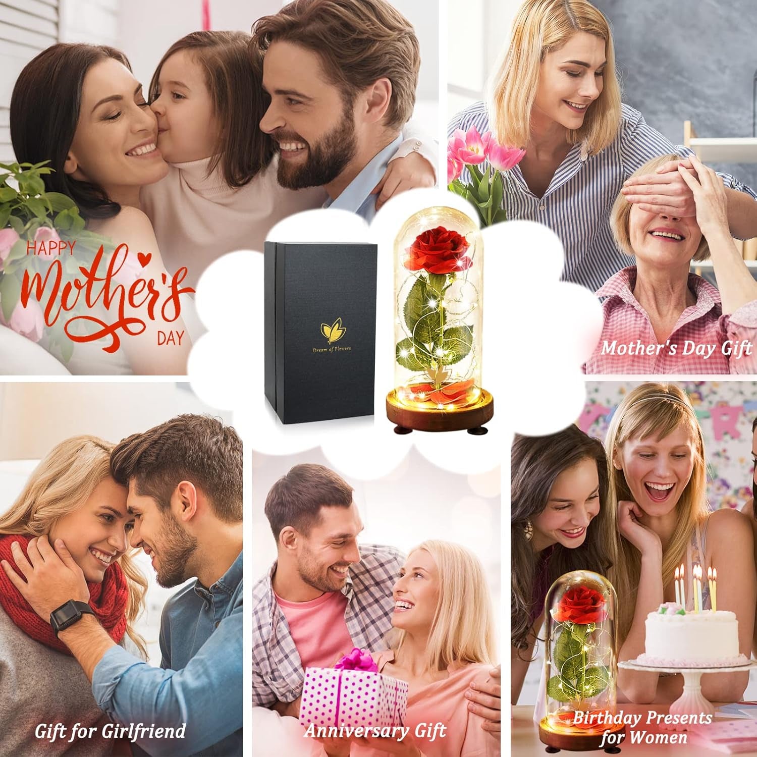 Valentines Day Gifts for Her,Birthday Gifts for Women,Beauty and the Beast Rose in Glass Dome,Silk Rose Forever Flowers with Lights,Mom Gift,Anniversary Flower Gifts for Women Gifts for Girlfriend