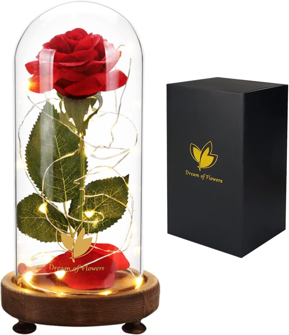 Valentines Day Gifts for Her,Birthday Gifts for Women,Beauty and the Beast Rose in Glass Dome,Silk Rose Forever Flowers with Lights,Mom Gift,Anniversary Flower Gifts for Women Gifts for Girlfriend