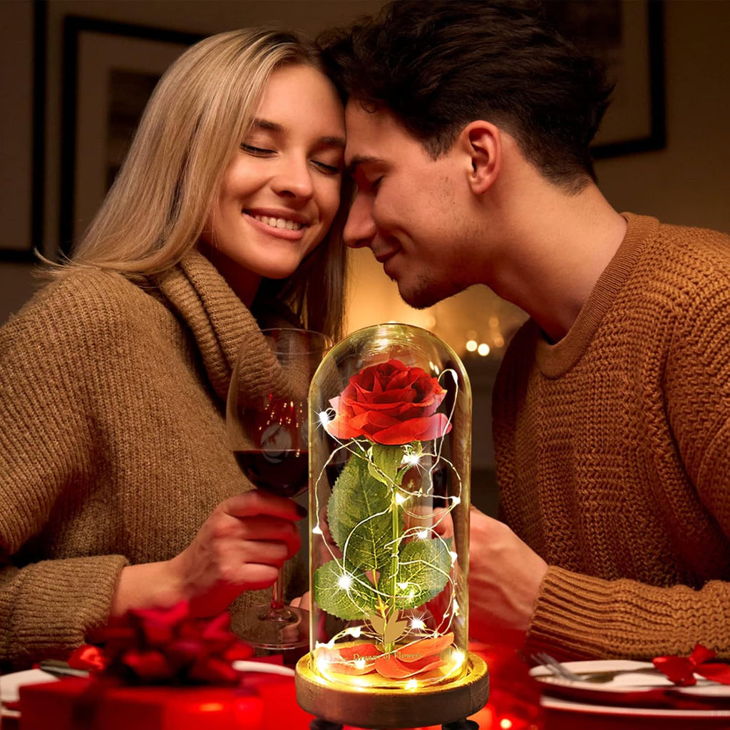 Valentines Day Gifts for Her,Birthday Gifts for Women,Beauty and the Beast Rose in Glass Dome,Silk Rose Forever Flowers with Lights,Mom Gift,Anniversary Flower Gifts for Women Gifts for Girlfriend