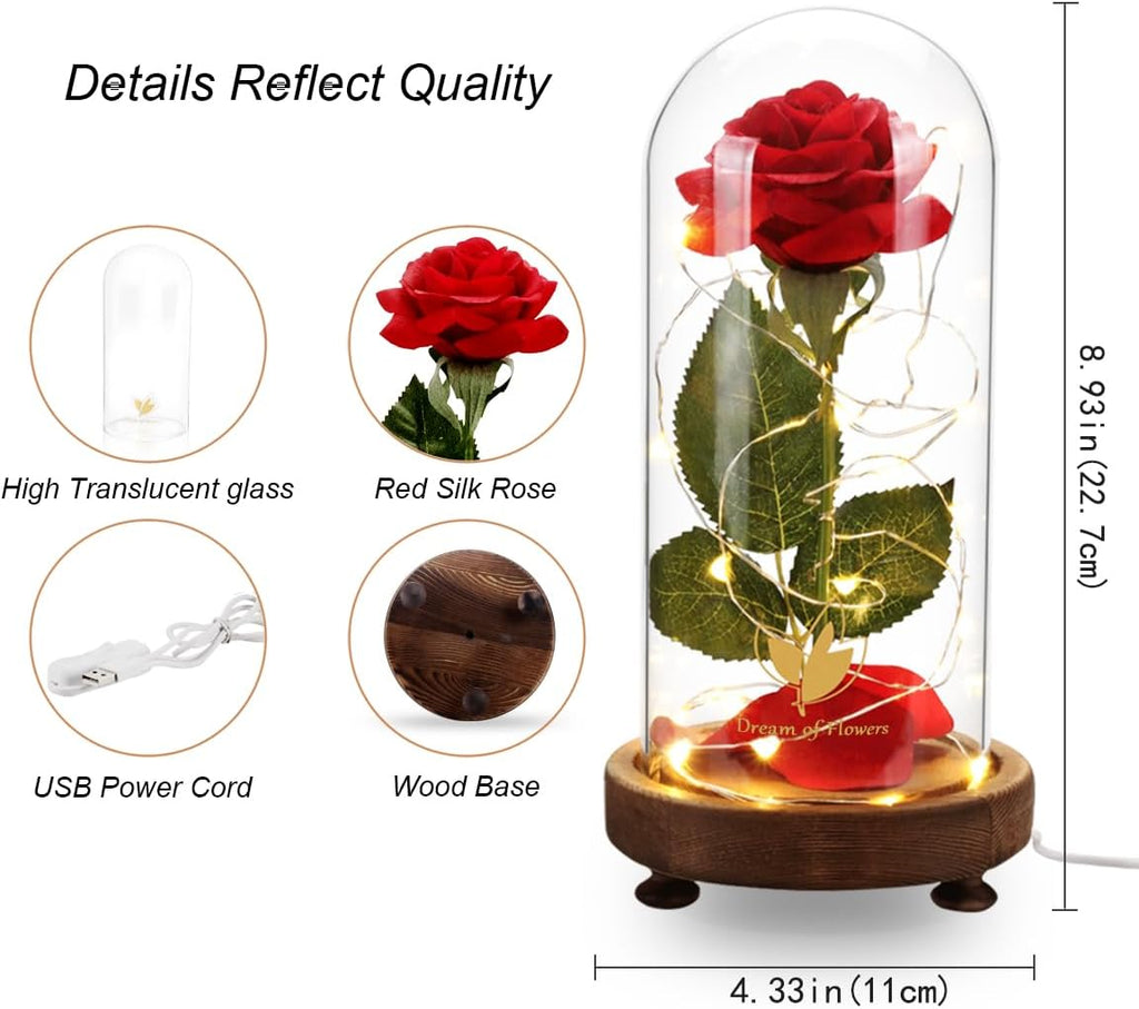 Valentines Day Gifts for Her,Birthday Gifts for Women,Beauty and the Beast Rose in Glass Dome,Silk Rose Forever Flowers with Lights,Mom Gift,Anniversary Flower Gifts for Women Gifts for Girlfriend
