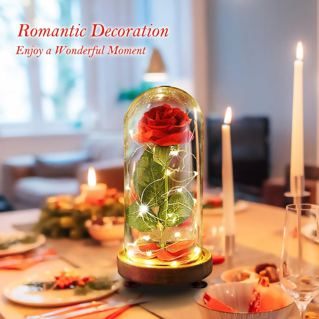 Valentines Day Gifts for Her,Birthday Gifts for Women,Beauty and the Beast Rose in Glass Dome,Silk Rose Forever Flowers with Lights,Mom Gift,Anniversary Flower Gifts for Women Gifts for Girlfriend