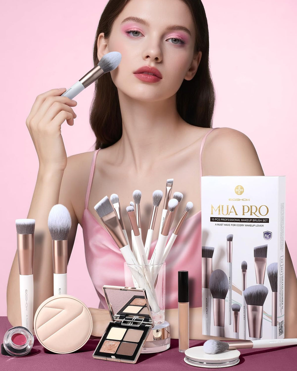 Makeup Brushes Set, 15Pcs Professional Make up Brush with Silver Ion Bristles for Foundation Powder Blush Highlighter Concealer Eyeshadow Eyeliner, Travel Gift Set (Champaign Gold)
