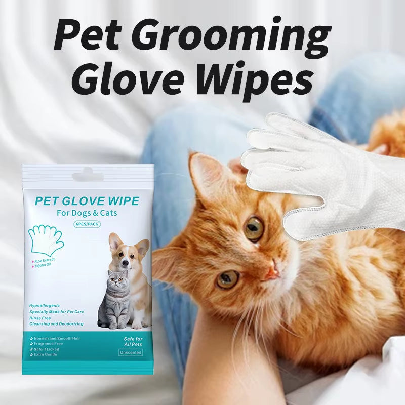 6Pcs/Bag Pet Wash Free Gloves Cats Dogs Bathing Cleaning Dry Cleaning Wipes Gloves Deodorizing Wipes Pet Products