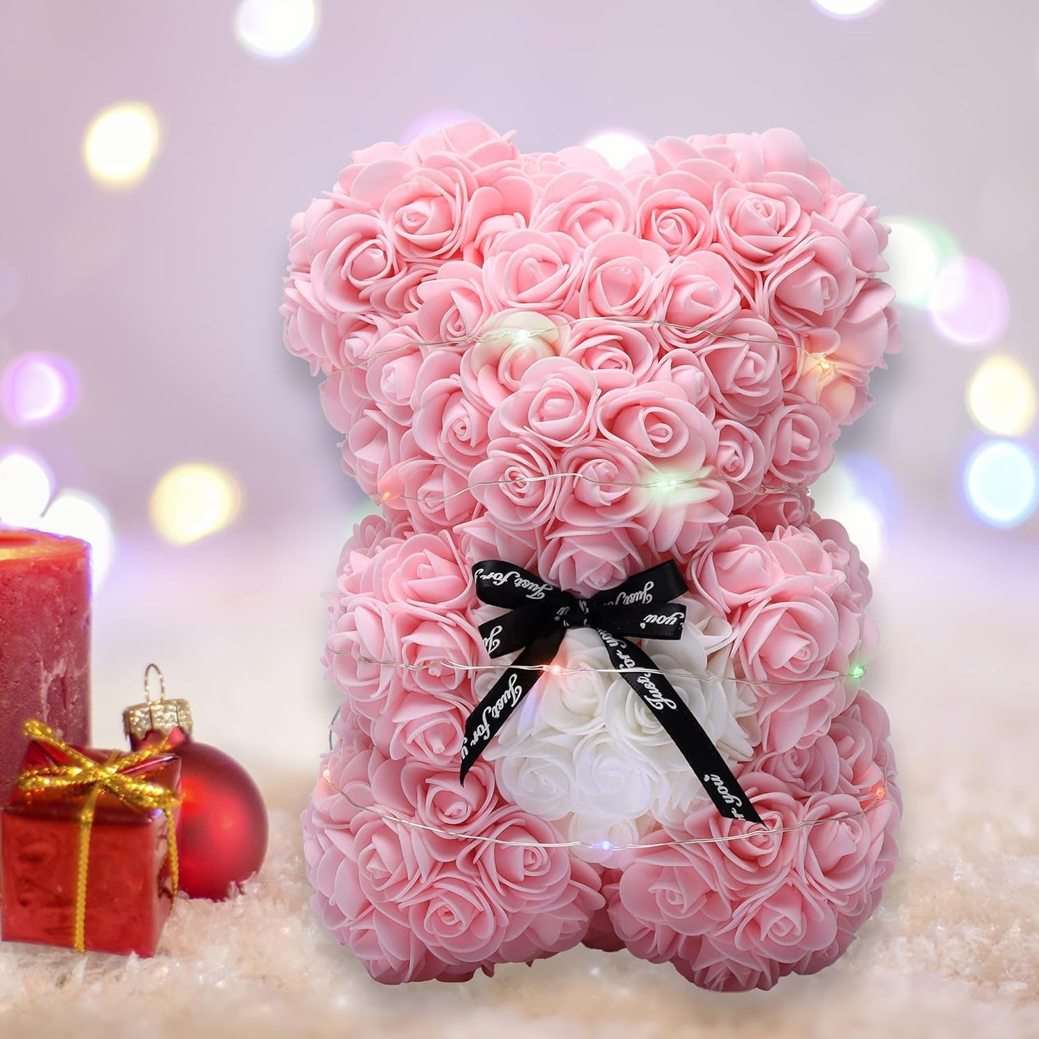 POWKLX Valentines Day Gifts for Her - Rose Teddy Bear - Rose Flowers Bear, Unique Gifts, Gifts for Girls,Gifts for Mom,Birthday Gifts,Flower Delivery - Clear Gift Box Included (Light Pink)