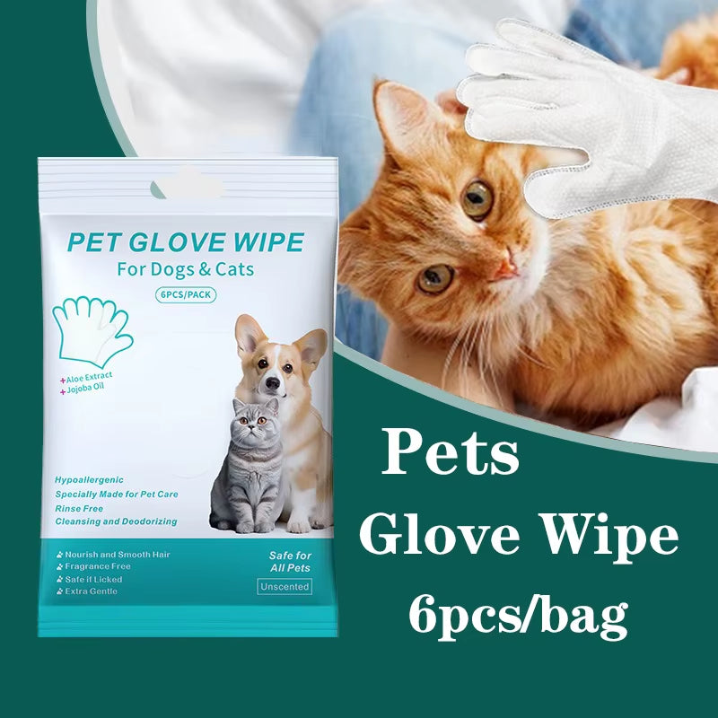 6Pcs/Bag Pet Wash Free Gloves Cats Dogs Bathing Cleaning Dry Cleaning Wipes Gloves Deodorizing Wipes Pet Products